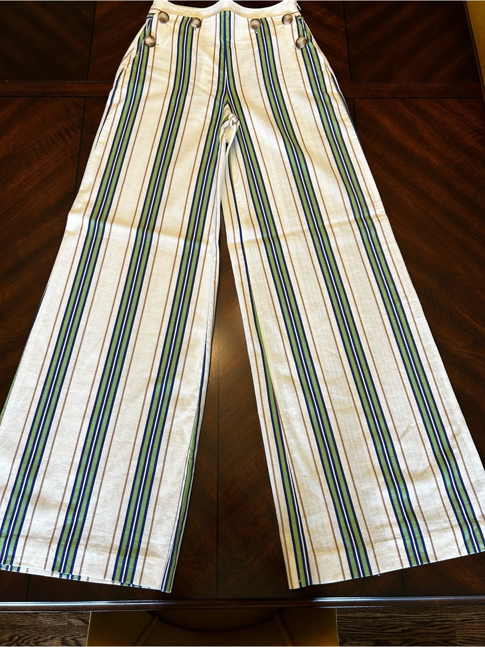 BNWT Sézane Clayton White Wide-Leg Striped Chinos with Blue and Green Stripes